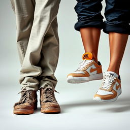 A striking photograph capturing the lower halves of two individuals standing side by side, showcasing only one leg from each