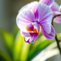 A stunning close-up of a vibrant orchid in full bloom, showcasing its intricate petals in shades of purple and white, with delicate textures and vibrant green leaves surrounding it