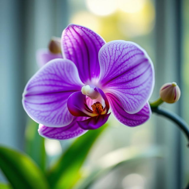 A stunning close-up of a vibrant orchid in full bloom, showcasing its intricate petals in shades of purple and white, with delicate textures and vibrant green leaves surrounding it