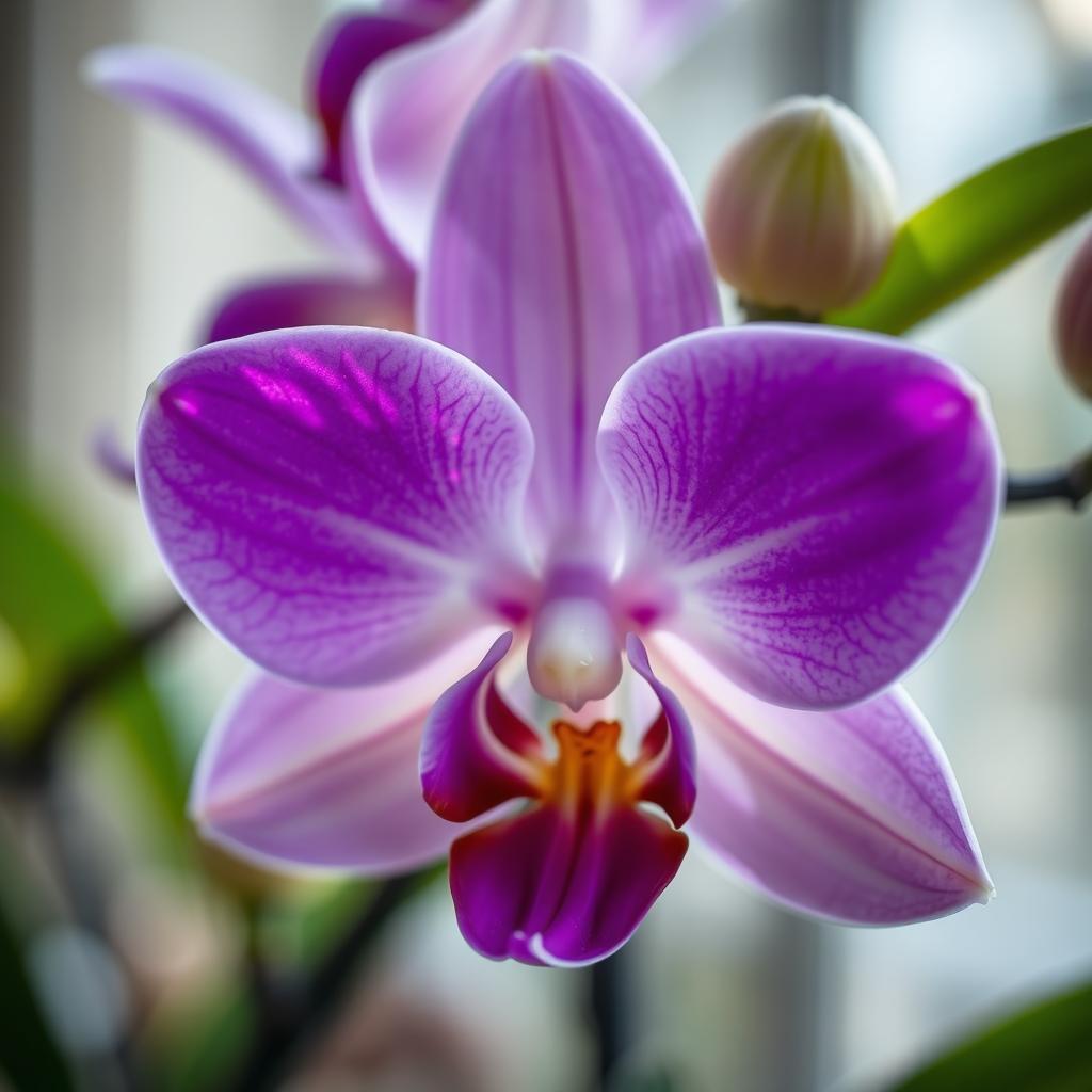 A stunning close-up of a vibrant orchid in full bloom, showcasing its intricate petals in shades of purple and white, with delicate textures and vibrant green leaves surrounding it