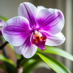 A stunning close-up of a vibrant orchid in full bloom, showcasing its intricate petals in shades of purple and white, with delicate textures and vibrant green leaves surrounding it