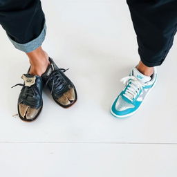 An intriguing photograph capturing the lower halves of two individuals standing on the floor side by side, with only one leg from each person visible