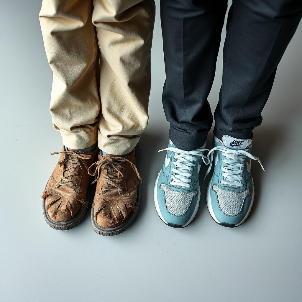 An intriguing photograph capturing the lower halves of two individuals standing on the floor side by side, with only one leg from each person visible