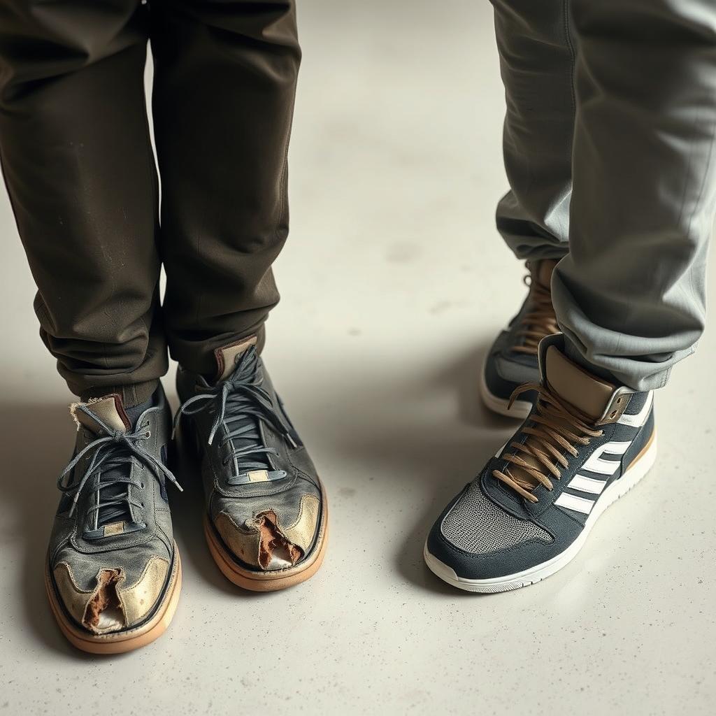 An intriguing photograph capturing the lower halves of two individuals standing on the floor side by side, with only one leg from each person visible