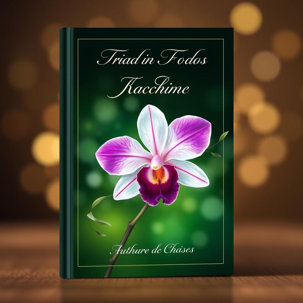 An elegant book cover design featuring a beautifully illustrated orchid at the center, its vivid purple and white petals contrasting with a deep green background