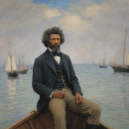 In the style of Claude Monet, a 20-year-old Frederick Douglass stands as a sailor on firm land, devoid of water. He is looking away into the distance, radiating courage and anticipation. The energetic impressionistic surroundings heighten this sense of adventure.