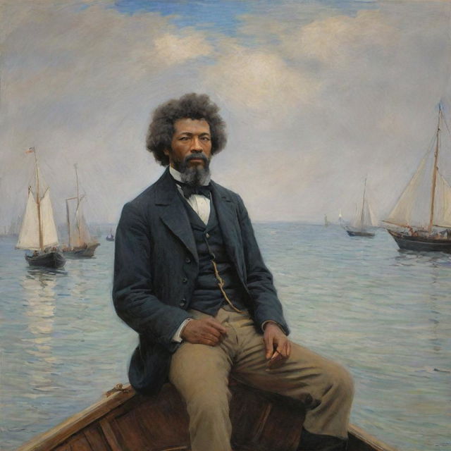 In the style of Claude Monet, a 20-year-old Frederick Douglass stands as a sailor on firm land, devoid of water. He is looking away into the distance, radiating courage and anticipation. The energetic impressionistic surroundings heighten this sense of adventure.