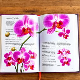 An artistically designed book featuring beautiful orchids, each page displaying vibrant, high-quality photographs of various orchid species in stunning detail