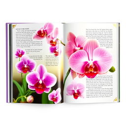 An artistically designed book featuring beautiful orchids, each page displaying vibrant, high-quality photographs of various orchid species in stunning detail