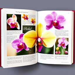 An artistically designed book featuring beautiful orchids, each page displaying vibrant, high-quality photographs of various orchid species in stunning detail