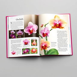 An artistically designed book featuring beautiful orchids, each page displaying vibrant, high-quality photographs of various orchid species in stunning detail