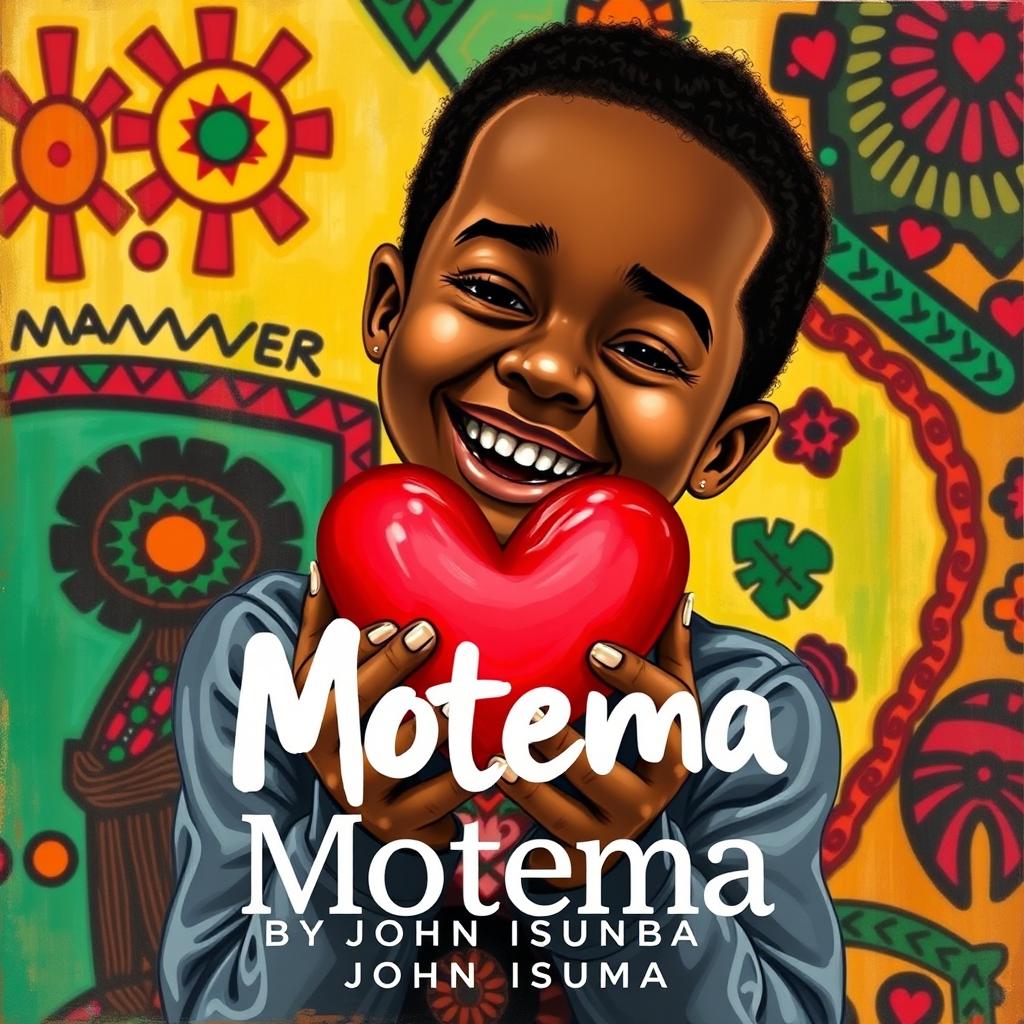 Official cover art for the song "Motema" by artist John Isumba, featuring a joyful young African boy with dark skin, holding a heart in his hands