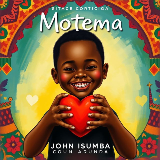 Official cover art for the song "Motema" by artist John Isumba, featuring a joyful young African boy with dark skin, holding a heart in his hands