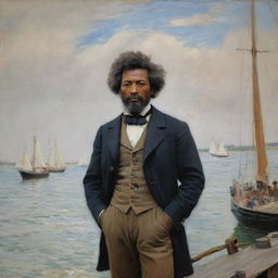 In the style of Claude Monet, a 20-year-old Frederick Douglass stands as a sailor on firm land, devoid of water. He is looking away into the distance, radiating courage and anticipation. The energetic impressionistic surroundings heighten this sense of adventure.