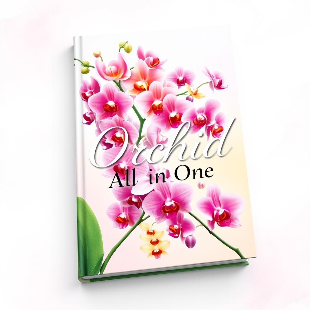 A stunning book cover for an 'Orchid All in One' guide, featuring a striking illustration of a variety of vibrant orchids cascading across the design