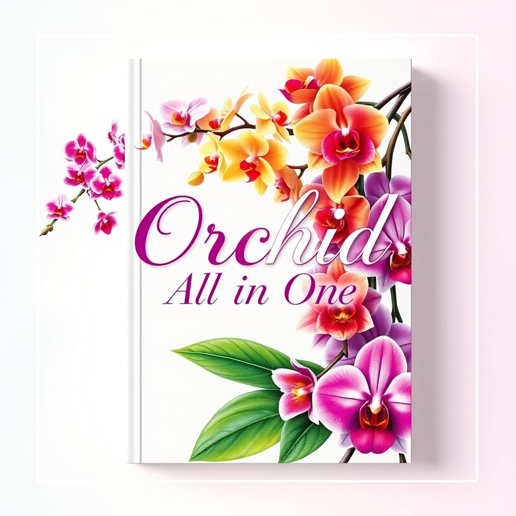 A stunning book cover for an 'Orchid All in One' guide, featuring a striking illustration of a variety of vibrant orchids cascading across the design