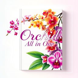 A stunning book cover for an 'Orchid All in One' guide, featuring a striking illustration of a variety of vibrant orchids cascading across the design