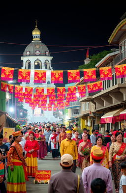 A vibrant depiction of the cultural richness and local wisdom of Gresik City, Indonesia, showcasing traditional ceremonies, local crafts, and the unique architecture of the region