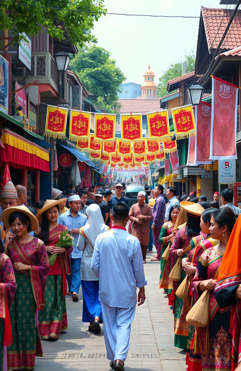 A vibrant depiction of the cultural richness and local wisdom of Gresik City, Indonesia, showcasing traditional ceremonies, local crafts, and the unique architecture of the region