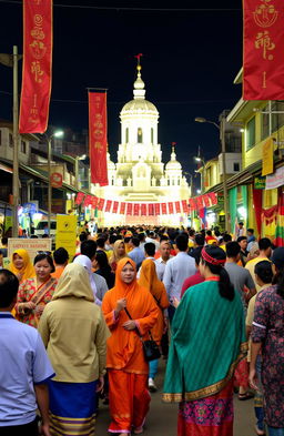 A vibrant depiction of the cultural richness and local wisdom of Gresik City, Indonesia, showcasing traditional ceremonies, local crafts, and the unique architecture of the region