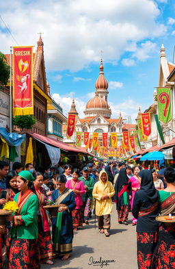 A vibrant depiction of the cultural richness and local wisdom of Gresik City, Indonesia, showcasing traditional ceremonies, local crafts, and the unique architecture of the region