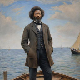 In the style of Claude Monet, a 20-year-old Frederick Douglass stands as a sailor on firm land, devoid of water. He is looking away into the distance, radiating courage and anticipation. The energetic impressionistic surroundings heighten this sense of adventure.