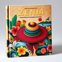 A captivating book cover design featuring painted designs of the traditional Zenú indigenous vueltiao hat from Colombia