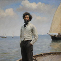 In the style of Claude Monet, a 20-year-old Frederick Douglass stands as a sailor on firm land, devoid of water. He is looking away into the distance, radiating courage and anticipation. The energetic impressionistic surroundings heighten this sense of adventure.