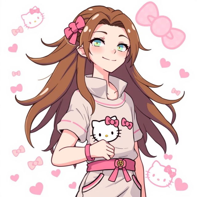 A tall male character with long brown hair styled in a cute manner, wearing a playful Hello Kitty themed outfit