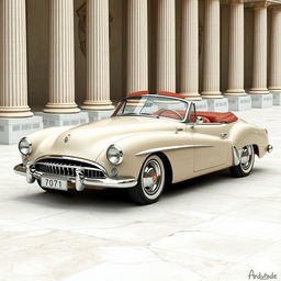 A retro convertible car with smooth, flowing lines, inspired by the aesthetics of Ancient Greece