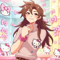 A tall male character with long brown hair styled in a fashionable way, adorned with a cute Hello Kitty themed outfit