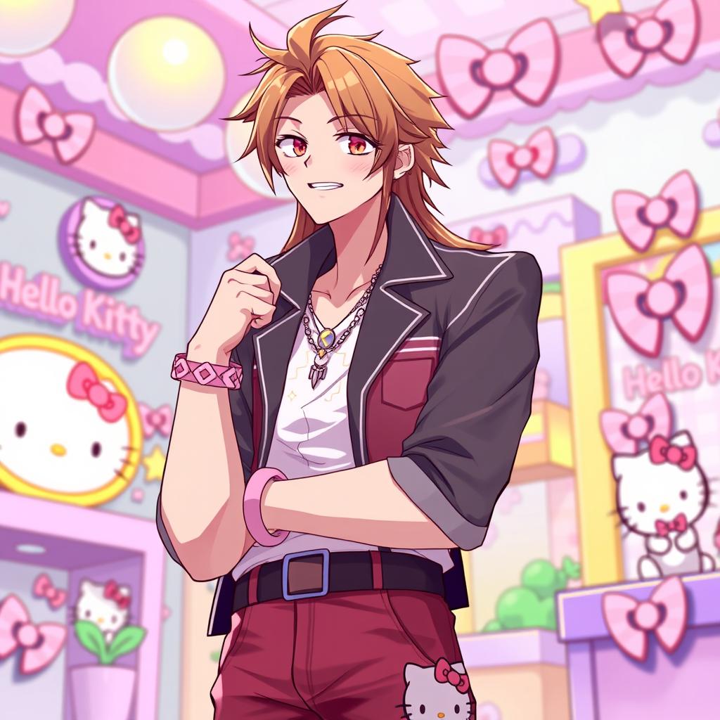 A tall male character with long brown hair styled in a fashionable way, adorned with a cute Hello Kitty themed outfit