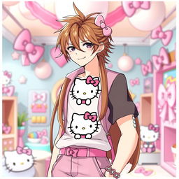 A tall male character with long brown hair styled in a fashionable way, adorned with a cute Hello Kitty themed outfit