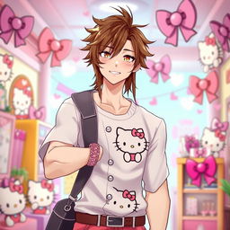 A tall male character with long brown hair styled in a fashionable way, adorned with a cute Hello Kitty themed outfit