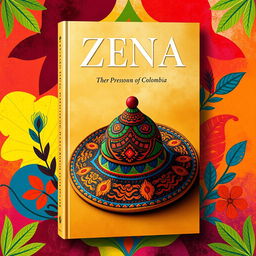 An eye-catching book cover design featuring beautifully painted designs of the traditional Zenú indigenous vueltiao hat from Colombia