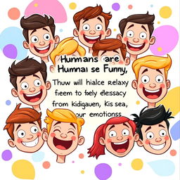 A humorous illustration featuring various cartoonish human faces displaying a range of funny expressions, depicting emotions like laughter, surprise, and confusion