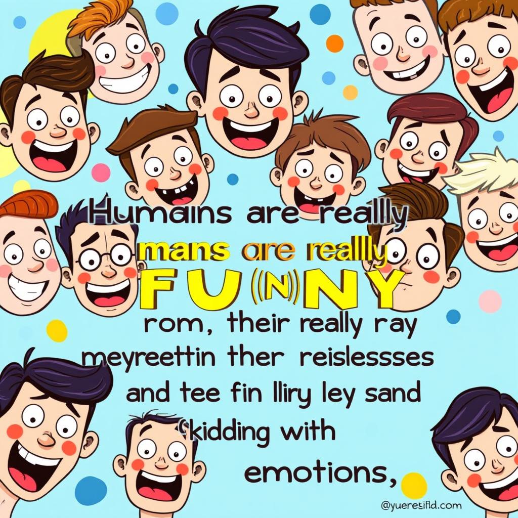 A humorous illustration featuring various cartoonish human faces displaying a range of funny expressions, depicting emotions like laughter, surprise, and confusion