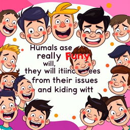 A humorous illustration featuring various cartoonish human faces displaying a range of funny expressions, depicting emotions like laughter, surprise, and confusion