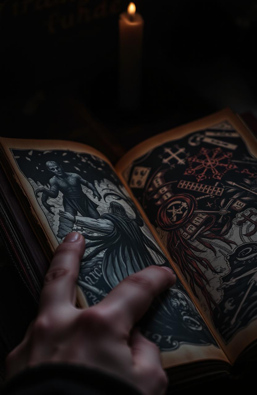 A close-up of a hand gripping an open journal, the pages of the journal are vividly illustrated with dark and disturbing imagery, such as shadowy figures, chaotic patterns, and cryptic symbols pouring out like ink