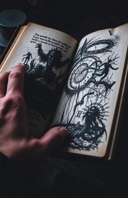 A close-up of a hand gripping an open journal, the pages of the journal are vividly illustrated with dark and disturbing imagery, such as shadowy figures, chaotic patterns, and cryptic symbols pouring out like ink