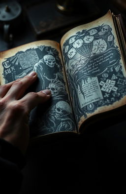 A close-up of a hand gripping an open journal, the pages of the journal are vividly illustrated with dark and disturbing imagery, such as shadowy figures, chaotic patterns, and cryptic symbols pouring out like ink