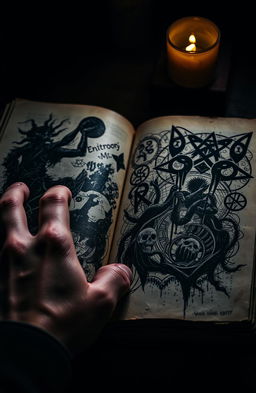 A close-up of a hand gripping an open journal, the pages of the journal are vividly illustrated with dark and disturbing imagery, such as shadowy figures, chaotic patterns, and cryptic symbols pouring out like ink