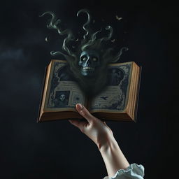 A female hand elegantly holding an open journal high in the air, with swirling dark and scary things spilling out from the pages