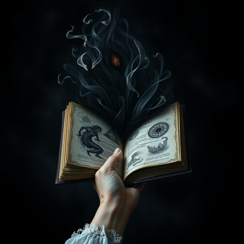 A female hand elegantly holding an open journal high in the air, with swirling dark and scary things spilling out from the pages