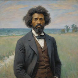 Depict a 20-year-old Frederick Douglass, standing on land and looking away into the distance in Claude Monet's impressionistic style. Freed of his sailor status, he is framed by a vibrant landscape that bristles with Monet's signature brush strokes.