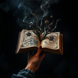 A female hand elegantly holding an open journal high in the air, with swirling dark and scary things spilling out from the pages