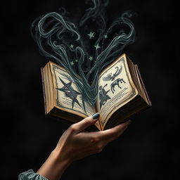 A female hand elegantly holding an open journal high in the air, with swirling dark and scary things spilling out from the pages