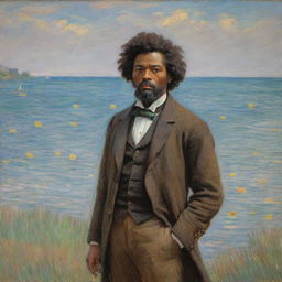 Depict a 20-year-old Frederick Douglass, standing on land and looking away into the distance in Claude Monet's impressionistic style. Freed of his sailor status, he is framed by a vibrant landscape that bristles with Monet's signature brush strokes.