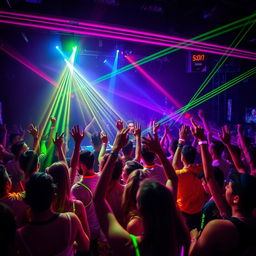 A vibrant rave scene, illuminated by colorful neon lights and lasers cutting through the darkness