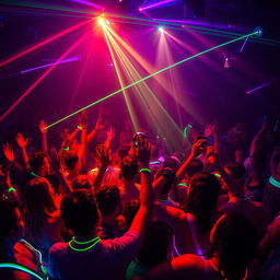 A vibrant rave scene, illuminated by colorful neon lights and lasers cutting through the darkness